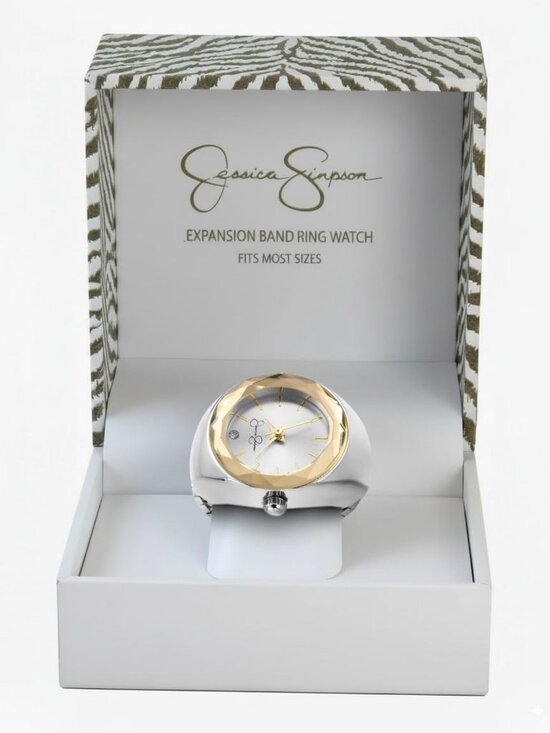 Stylish Silver Adjustable Ring Watch with Gold Bezel, Quartz Mini Dial & Crystal main image 6